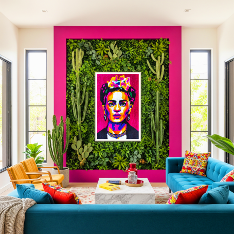 Vibrant room with a Frida Kahlo portrait surrounded by green plants and colourful furniture.