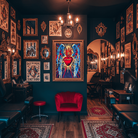 Tattoo studio interior featuring dark walls, framed artwork, and a red armchair.