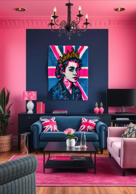 Modern living room featuring pink walls, Union Jack cushions, and a colourful portrait.